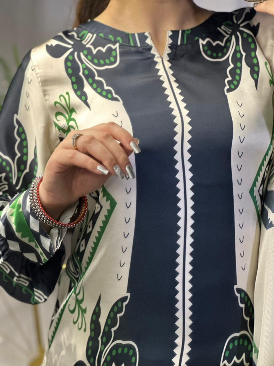 Monochrome Tropical Print Silk 3-Piece Cord Set with Green Accents