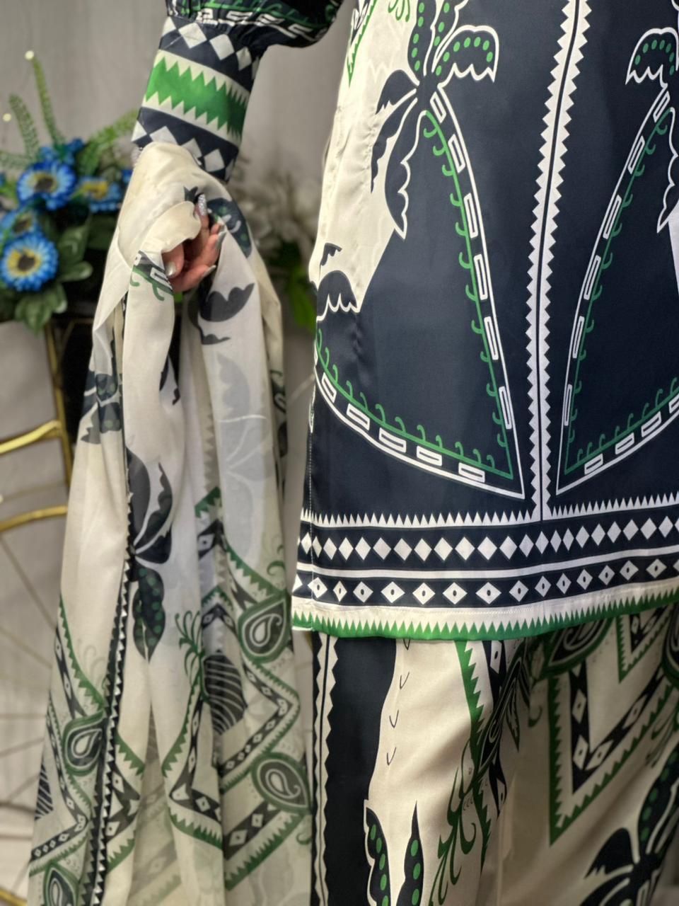 Monochrome Tropical Print Silk 3-Piece Cord Set with Green Accents