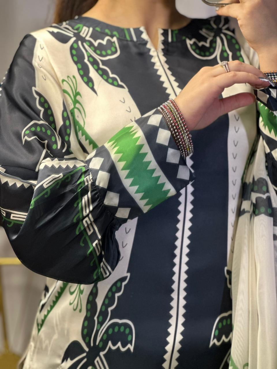 Monochrome Tropical Print Silk 3-Piece Cord Set with Green Accents