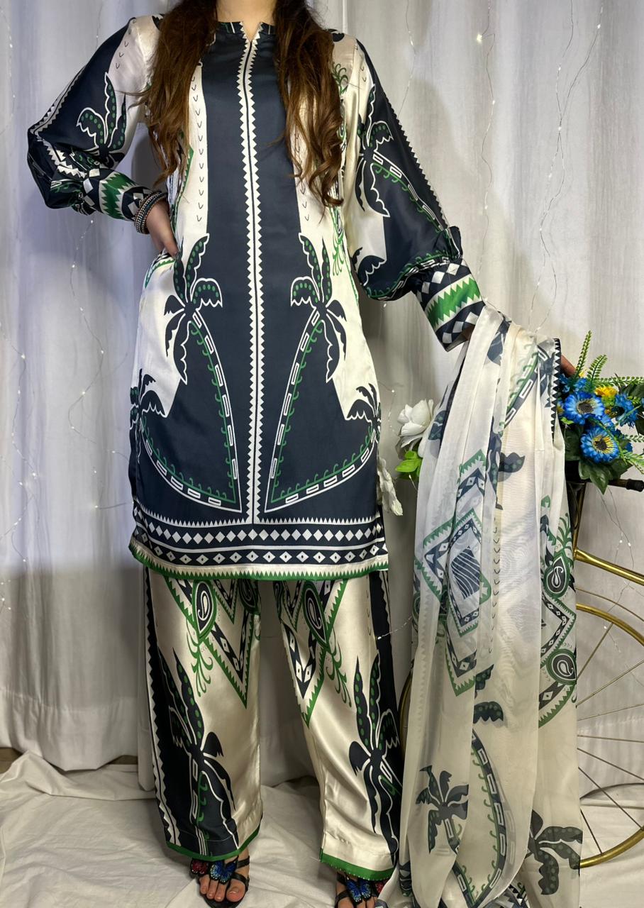 Monochrome Tropical Print Silk 3-Piece Cord Set with Green Accents