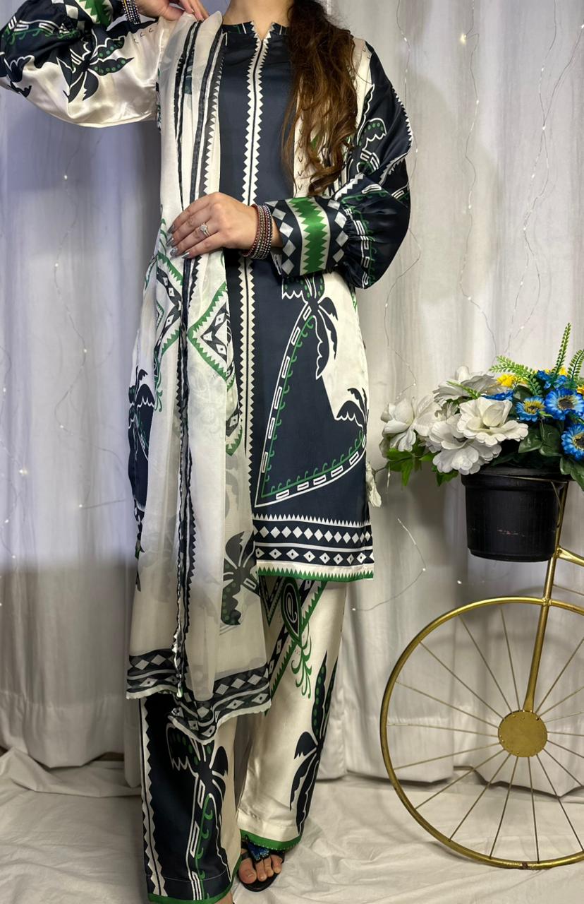 Monochrome Tropical Print Silk 3-Piece Cord Set with Green Accents