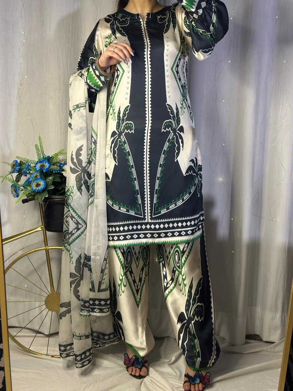 Monochrome Tropical Print Silk 3-Piece Cord Set with Green Accents