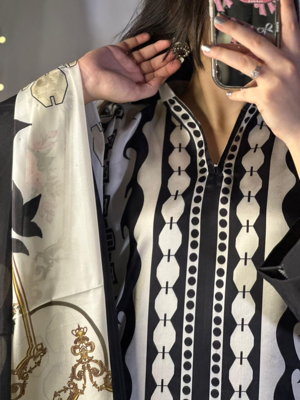 Chic Black & White Digital Print Silk 3-Piece Cord Set