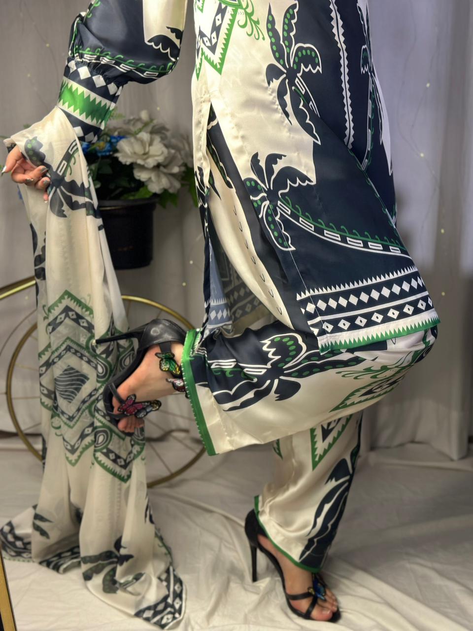 Monochrome Tropical Print Silk 3-Piece Cord Set with Green Accents