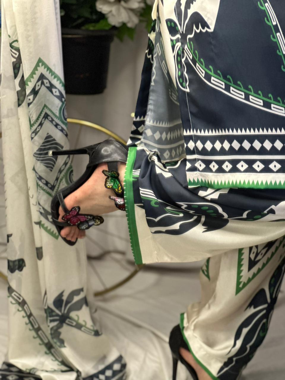 Monochrome Tropical Print Silk 3-Piece Cord Set with Green Accents