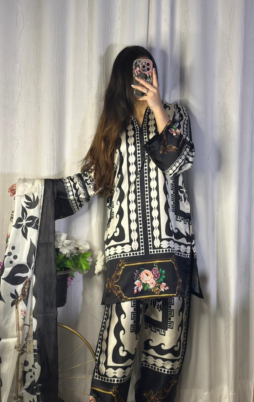 Chic Black & White Digital Print Silk 3-Piece Cord Set