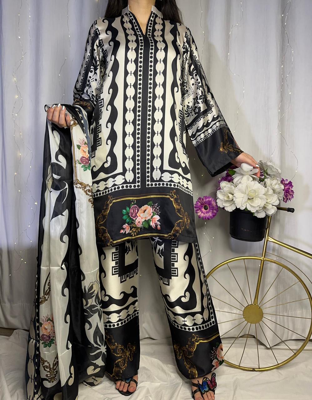 Chic Black & White Digital Print Silk 3-Piece Cord Set