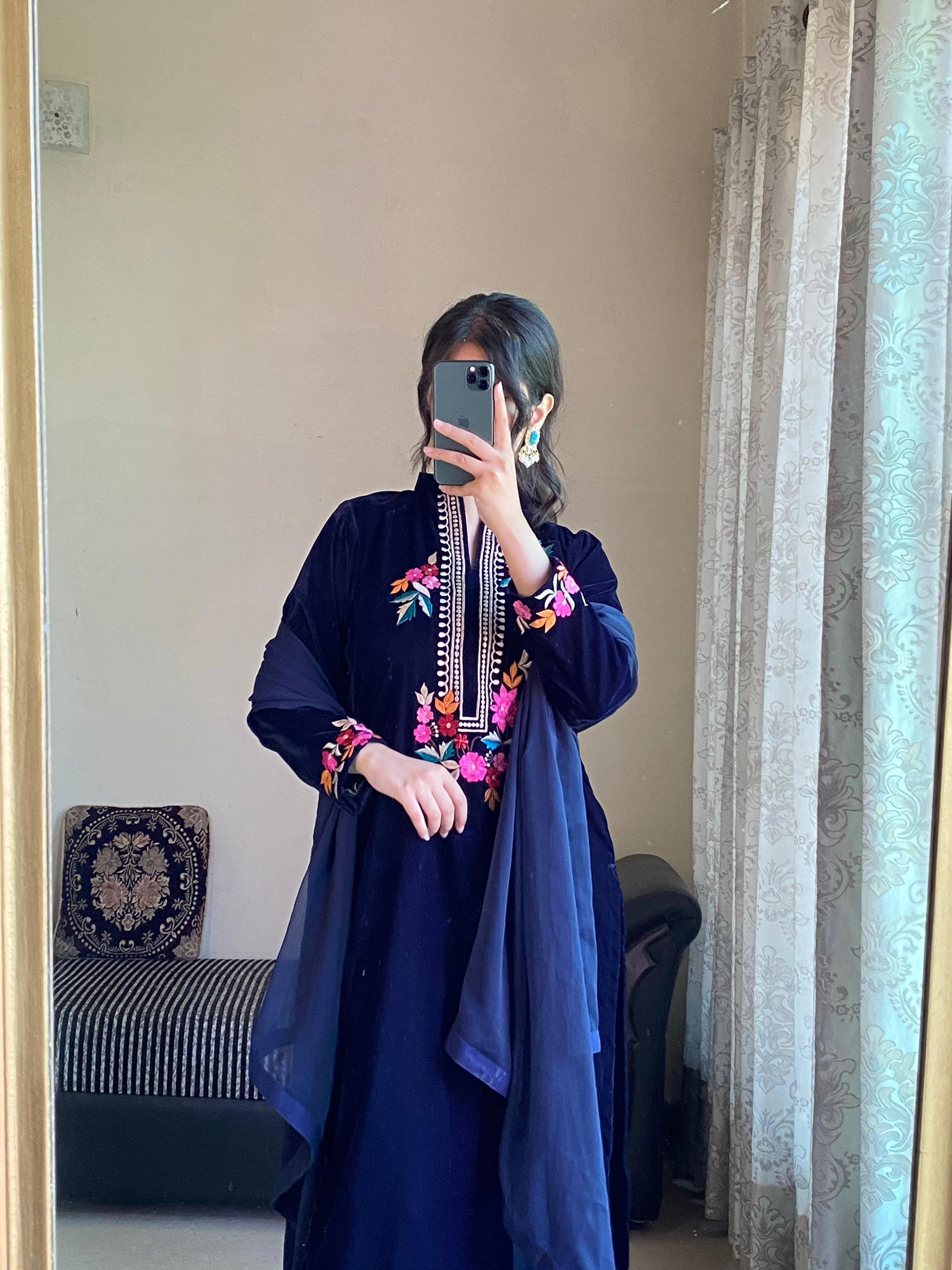 Elegant Navy Blue Velvet 3-Piece Suit with Vibrant Thread & Machine Work