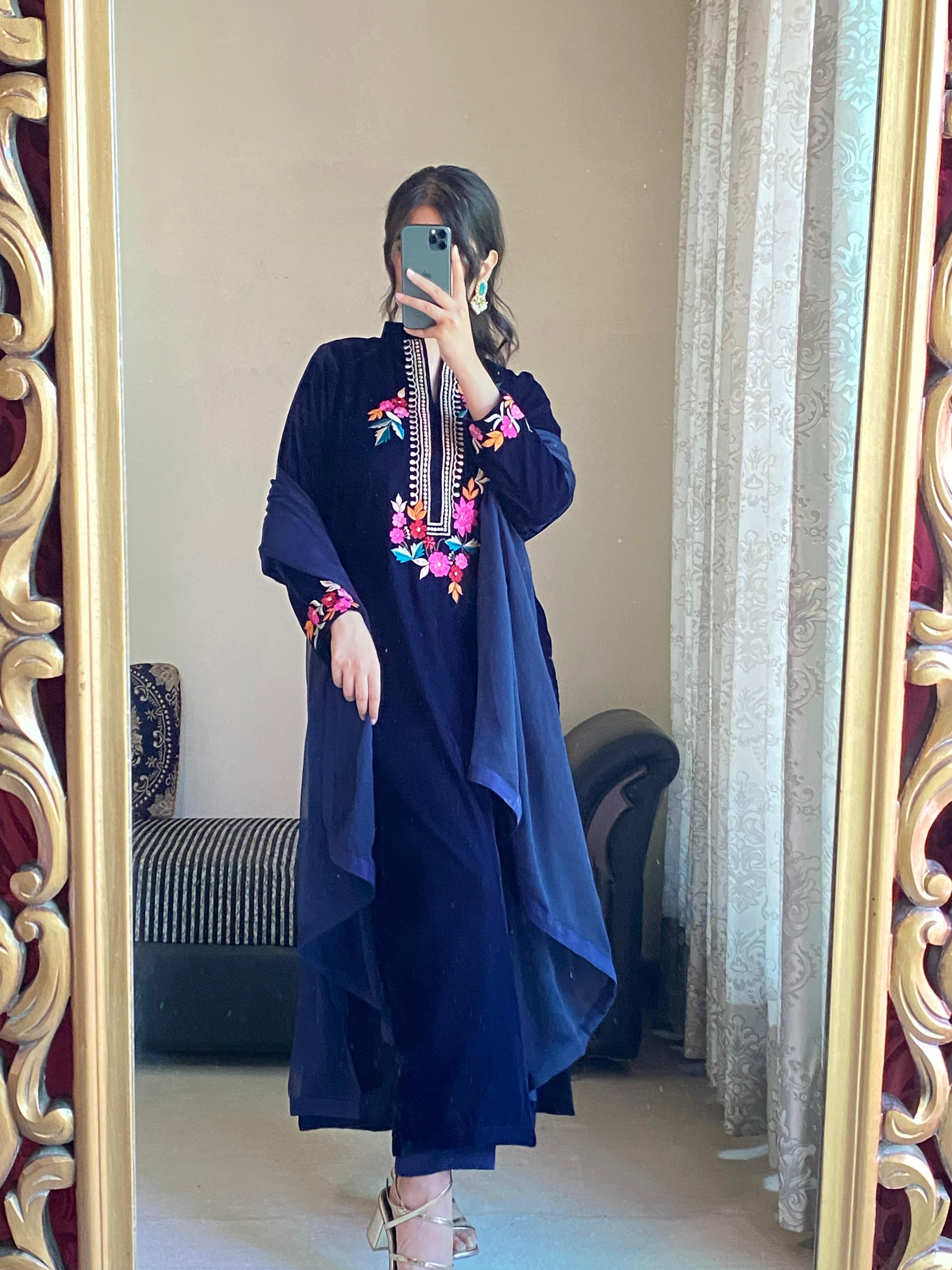 Elegant Navy Blue Velvet 3-Piece Suit with Vibrant Thread & Machine Work
