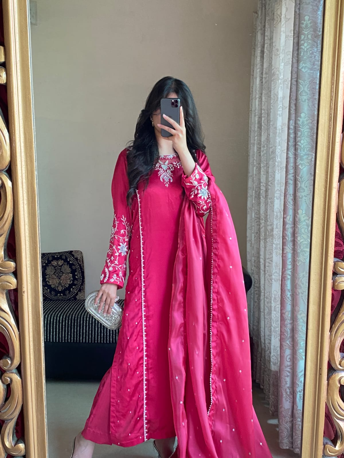 Striking Shocking Pink Shisha Silk 3-Piece Suit with Motif & Beads Work