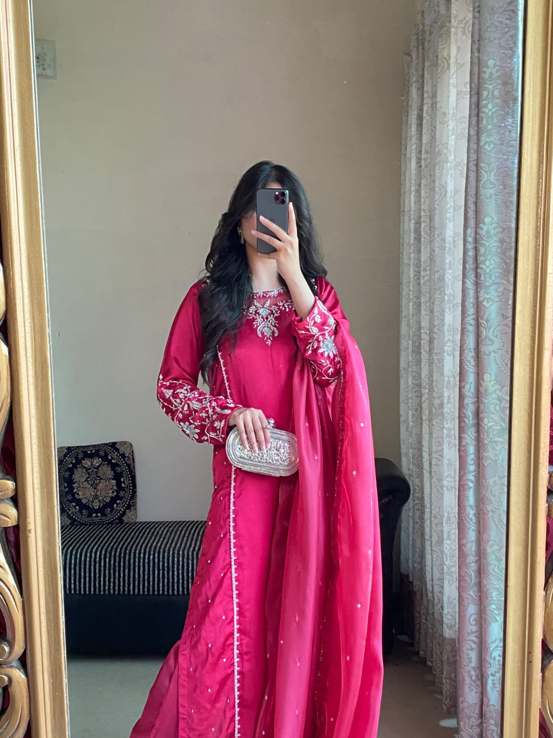 Striking Shocking Pink Shisha Silk 3-Piece Suit with Motif & Beads Work
