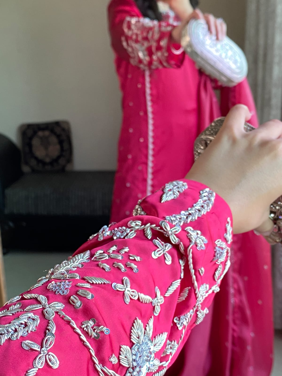 Striking Shocking Pink Shisha Silk 3-Piece Suit with Motif & Beads Work