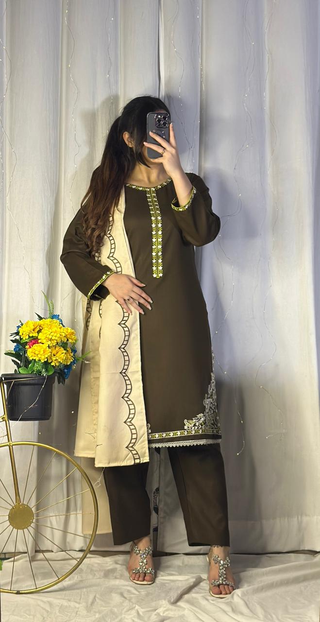 Elegant Chocolate Brown Dhanak Suit with Matching Embroidered Shawl