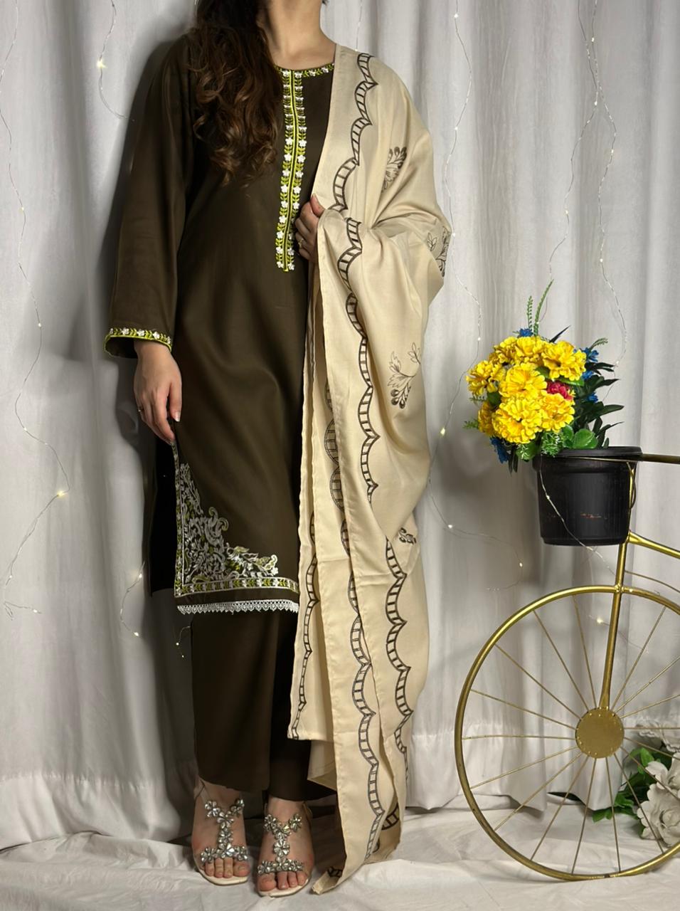 Elegant Chocolate Brown Dhanak Suit with Matching Embroidered Shawl