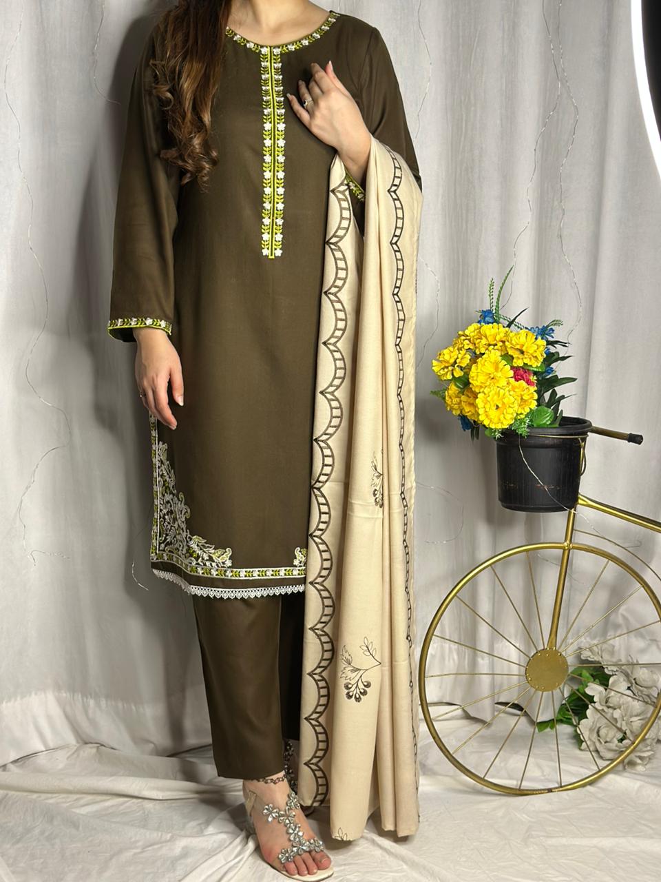 Elegant Chocolate Brown Dhanak Suit with Matching Embroidered Shawl