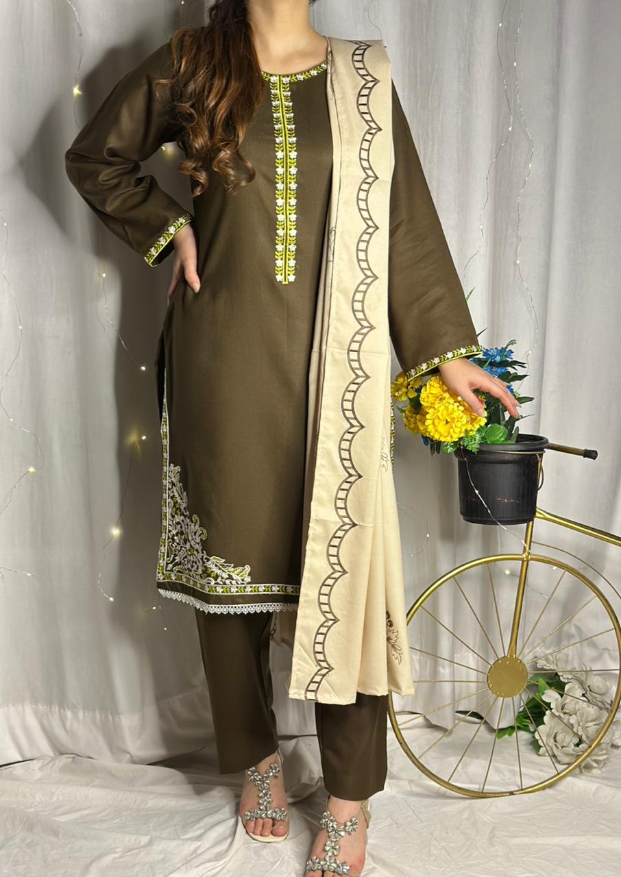 Elegant Chocolate Brown Dhanak Suit with Matching Embroidered Shawl
