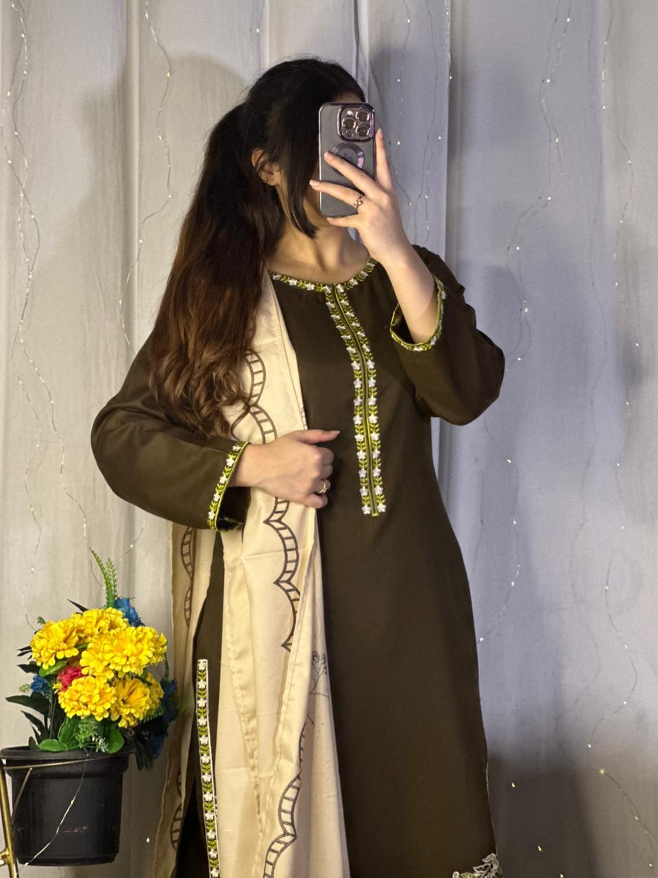 Elegant Chocolate Brown Dhanak Suit with Matching Embroidered Shawl