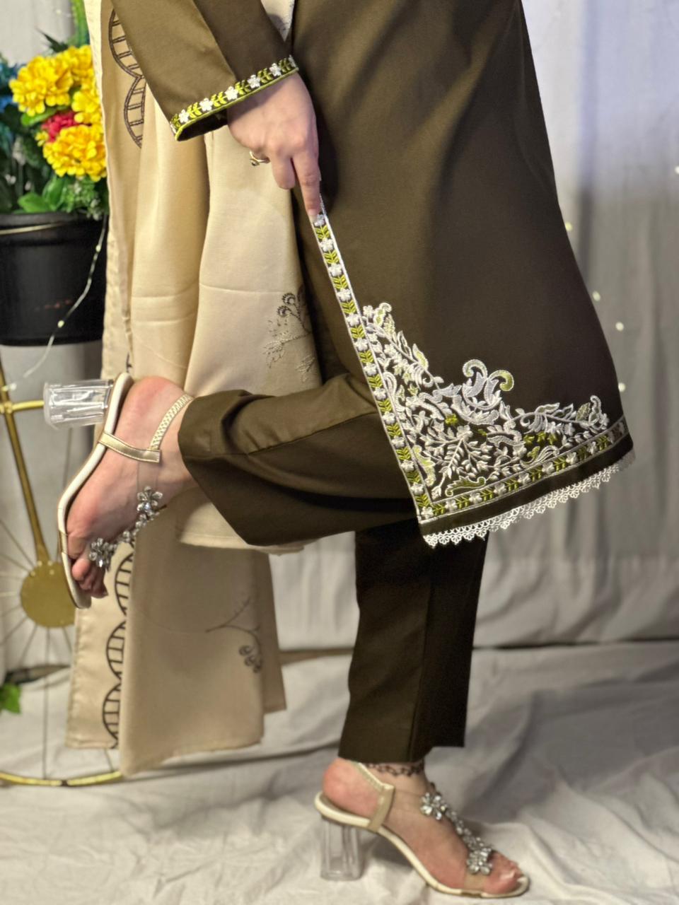 Elegant Chocolate Brown Dhanak Suit with Matching Embroidered Shawl