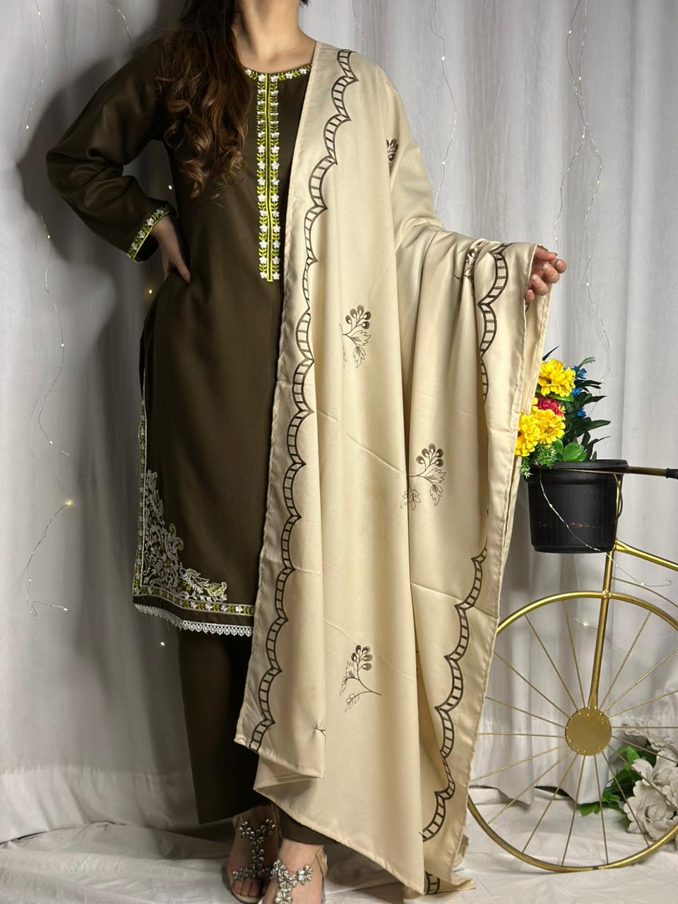 Elegant Chocolate Brown Dhanak Suit with Matching Embroidered Shawl