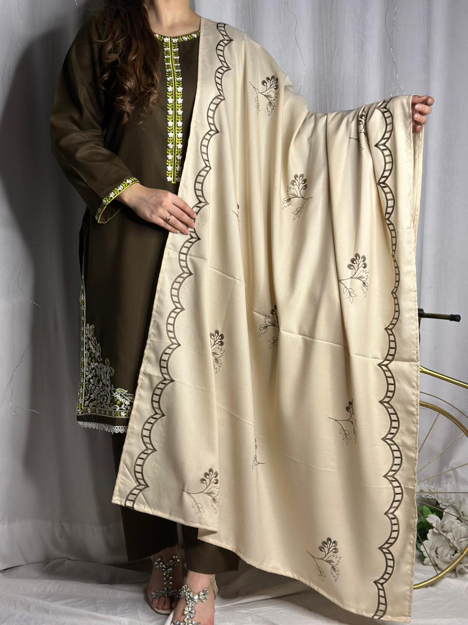 Elegant Chocolate Brown Dhanak Suit with Matching Embroidered Shawl