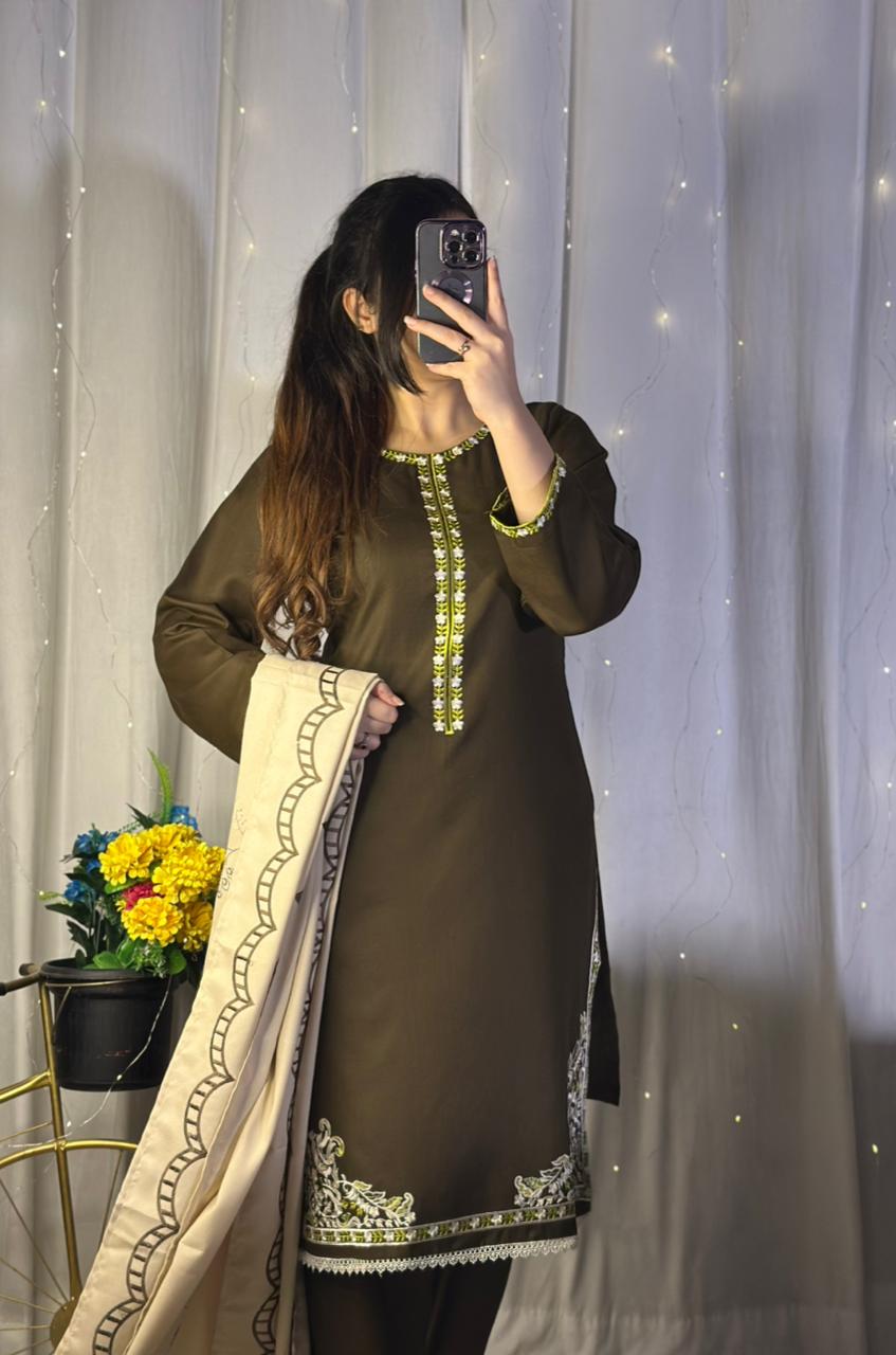 Elegant Chocolate Brown Dhanak Suit with Matching Embroidered Shawl