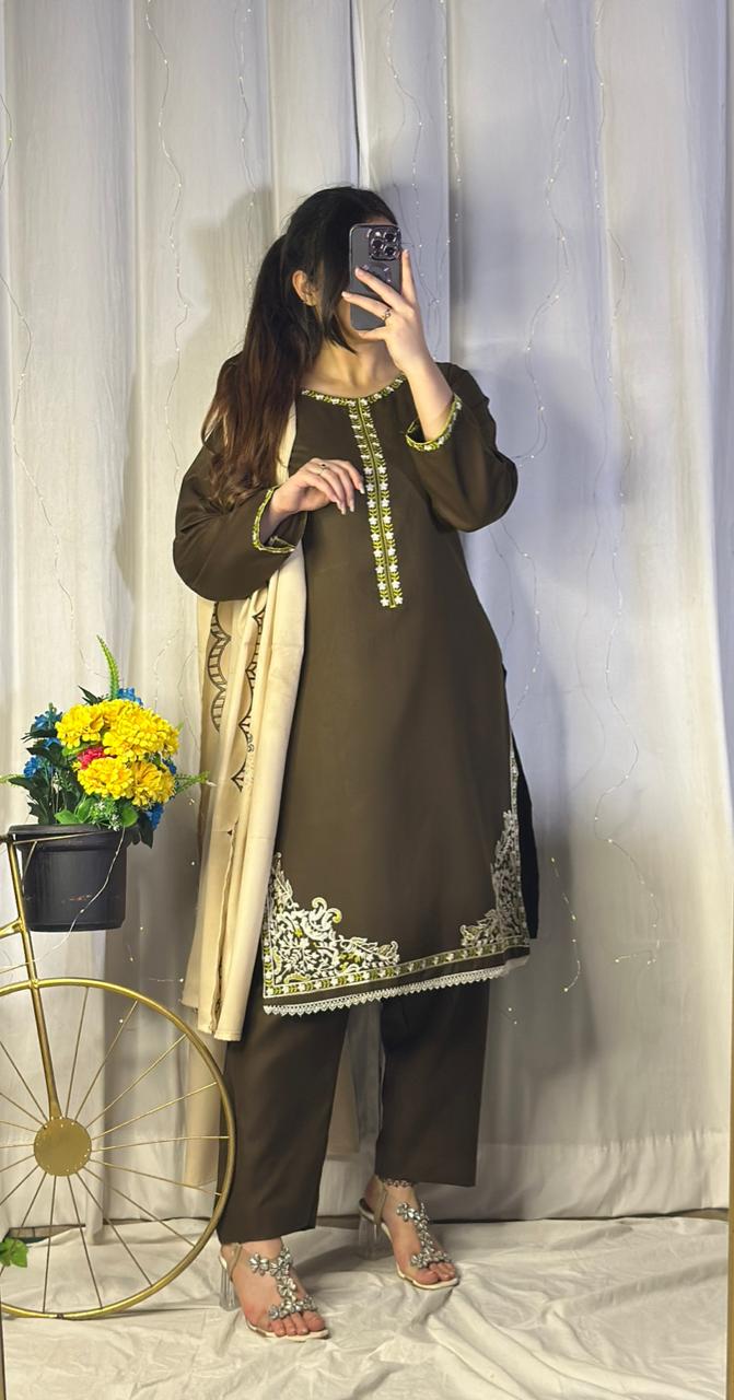Elegant Chocolate Brown Dhanak Suit with Matching Embroidered Shawl
