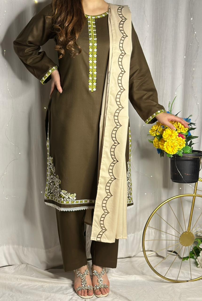 Elegant Chocolate Brown Dhanak Suit with Matching Embroidered Shawl