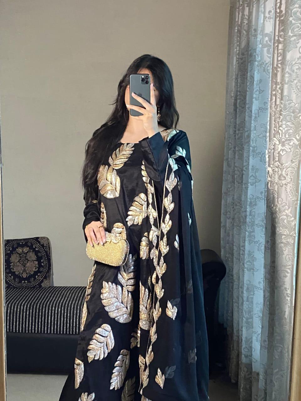 Statement Black Raw Silk Suit with Dual-Tone Gold & Silver Sequin Leaves