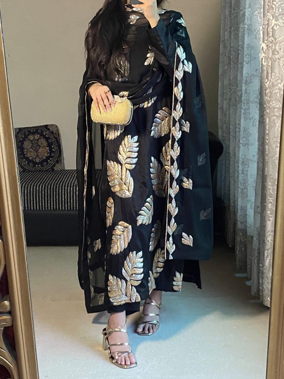 Statement Black Raw Silk Suit with Dual-Tone Gold & Silver Sequin Leaves