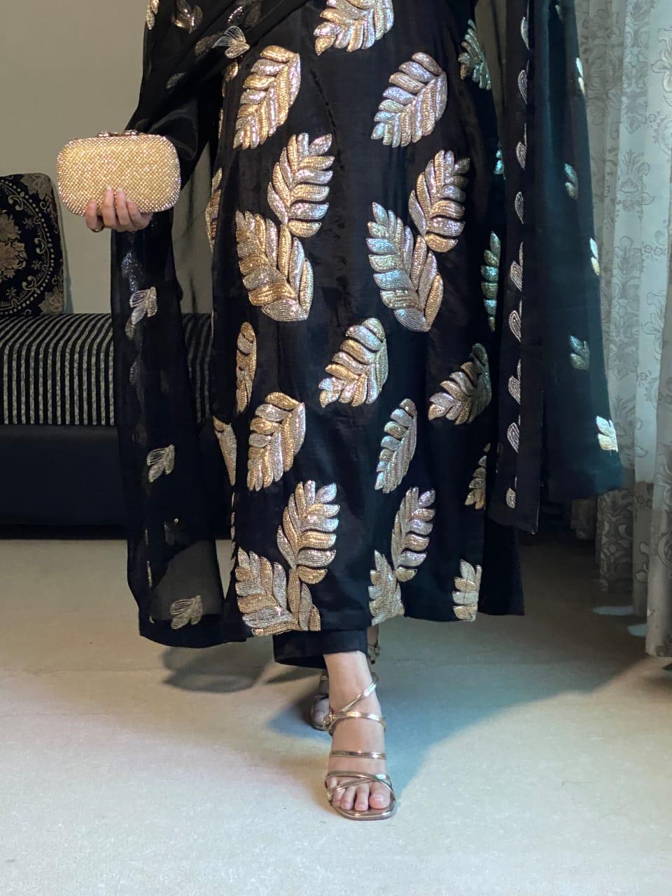 Statement Black Raw Silk Suit with Dual-Tone Gold & Silver Sequin Leaves