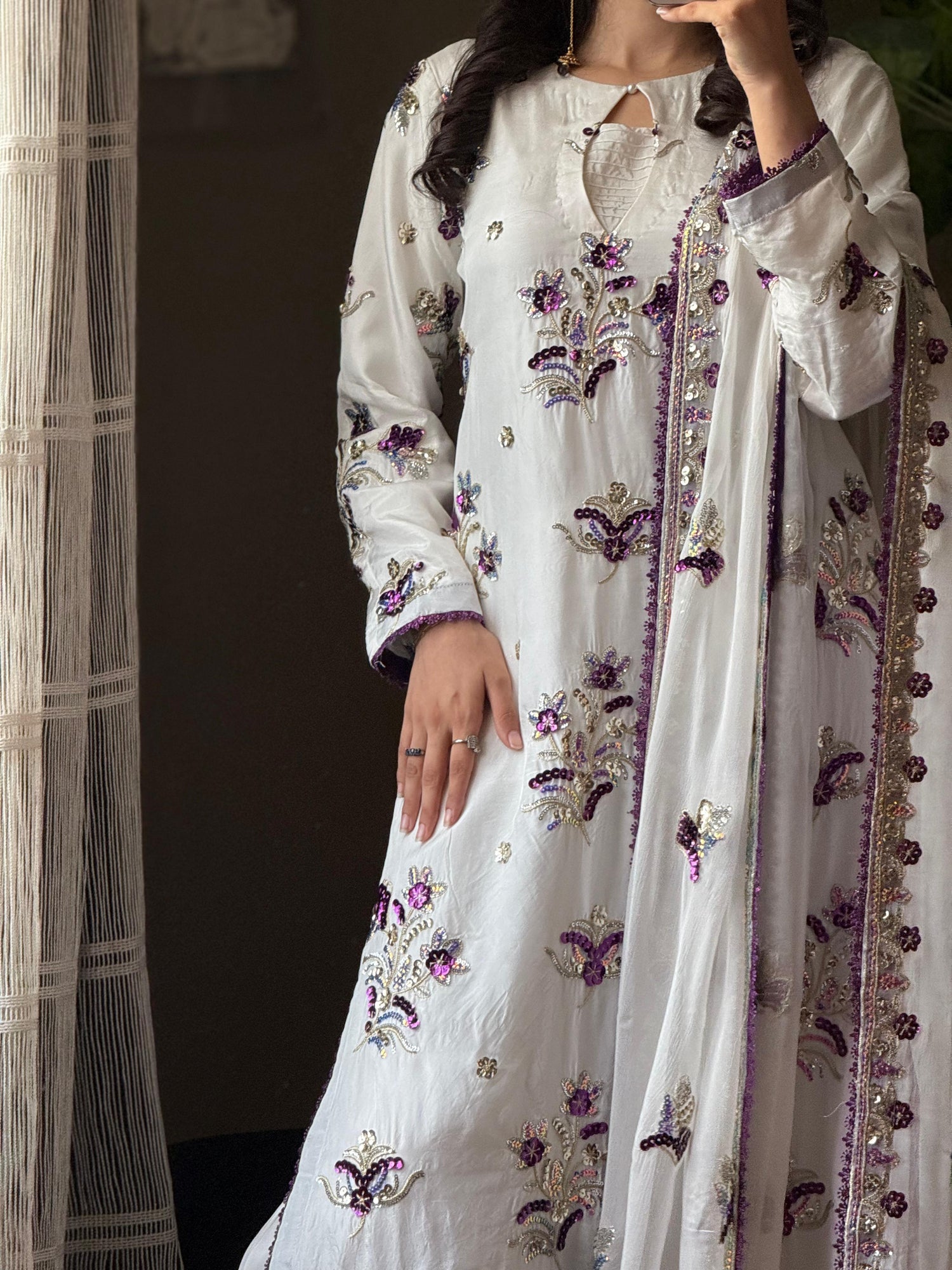 Shisha Silk Embroidered 3-Piece Suit – Ivory & Purple