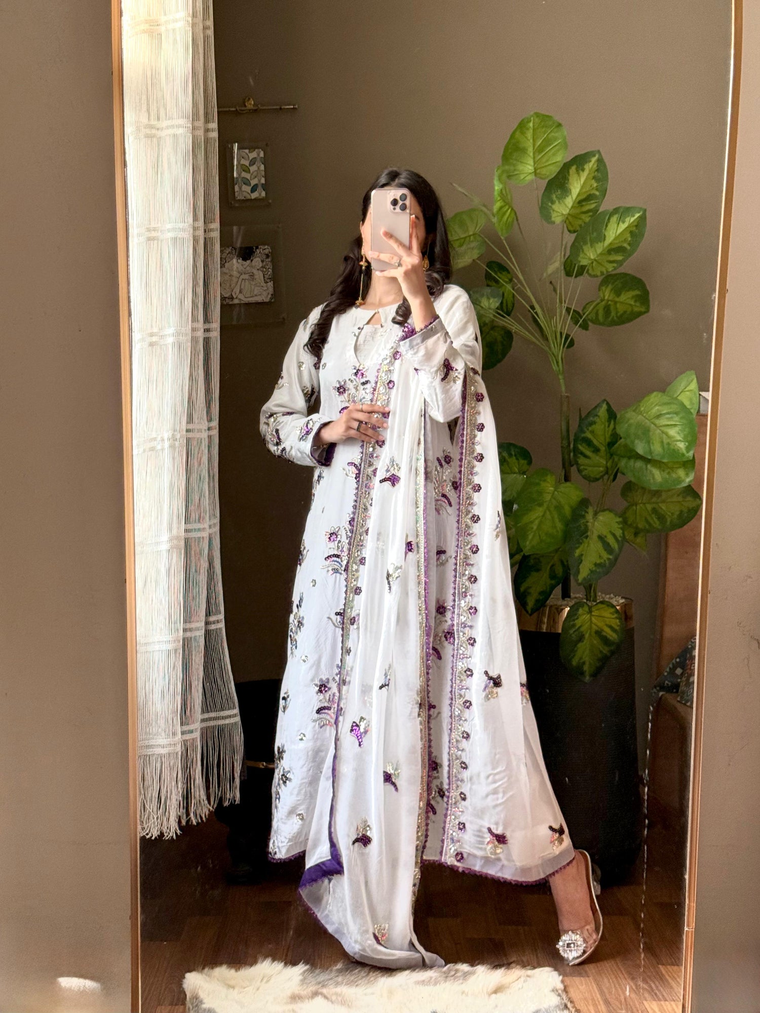 Shisha Silk Embroidered 3-Piece Suit – Ivory & Purple