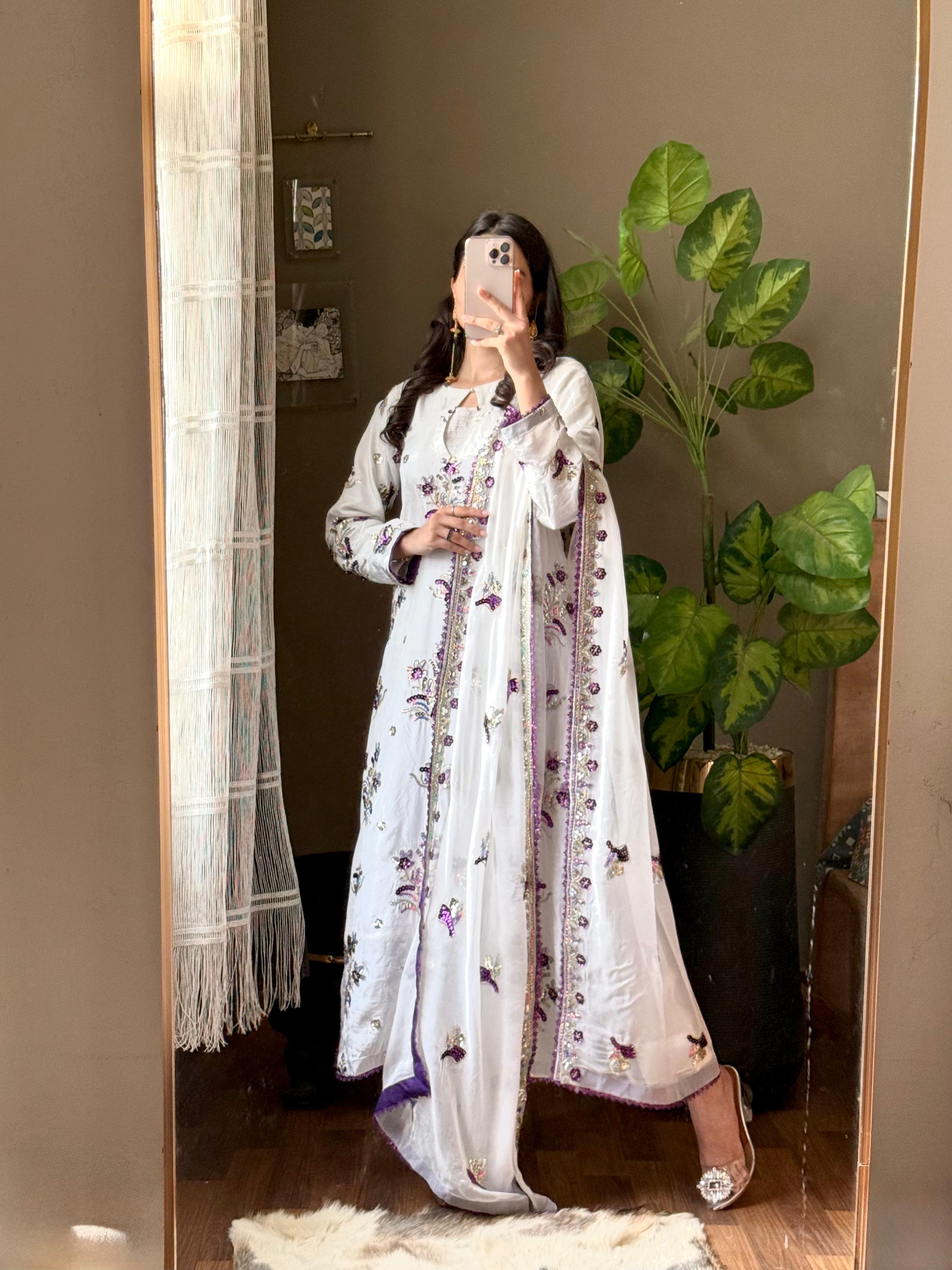 Shisha Silk Embroidered 3-Piece Suit – Ivory & Purple