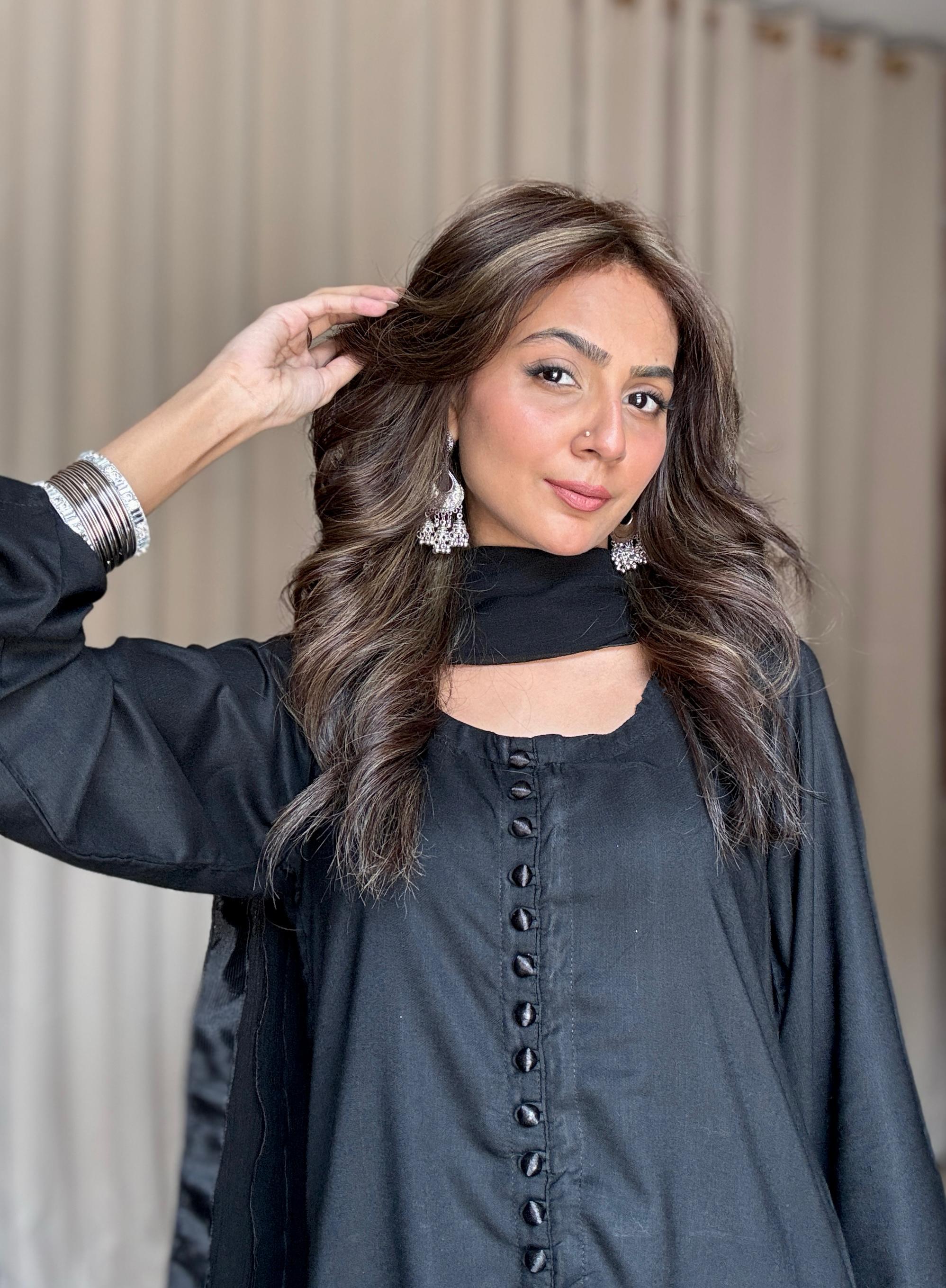 Classic Black Silk 3-Piece Suit with Chiffon Dupatta