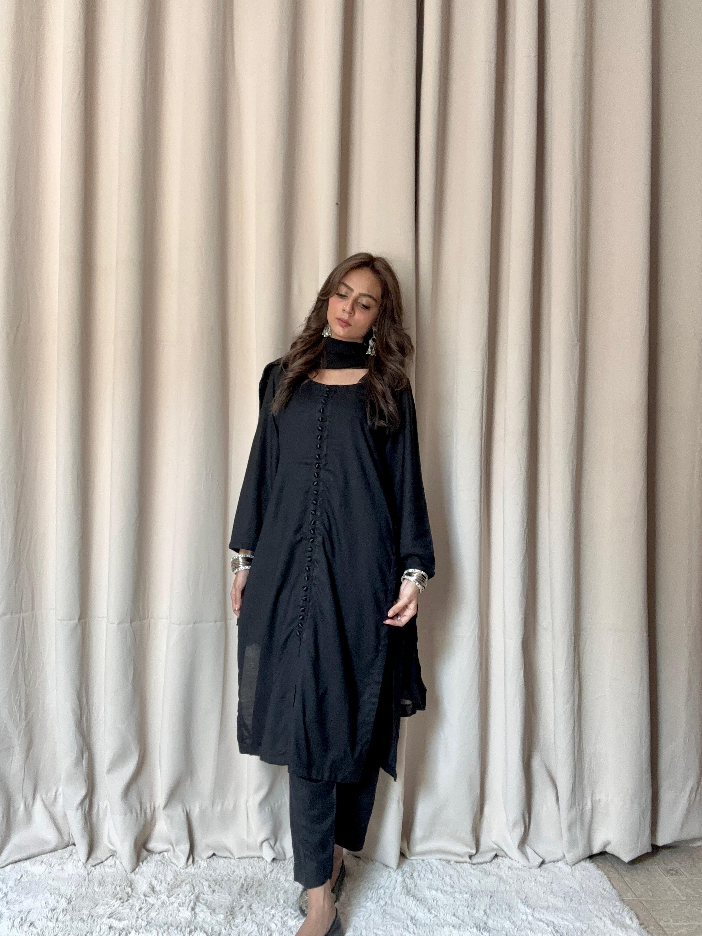 Classic Black Silk 3-Piece Suit with Chiffon Dupatta