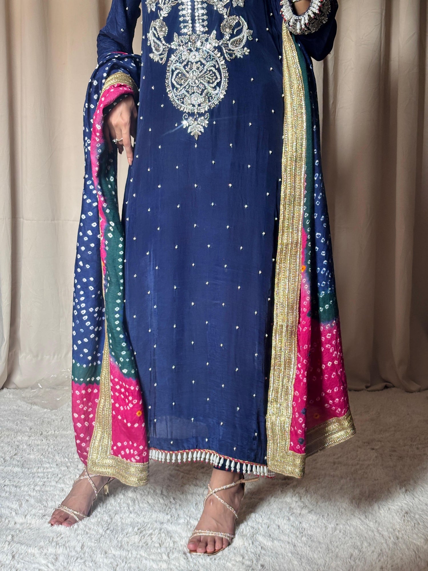 Royal Blue Silk 3-Piece Party Wear with Multi-Color Chunri Dupatta
