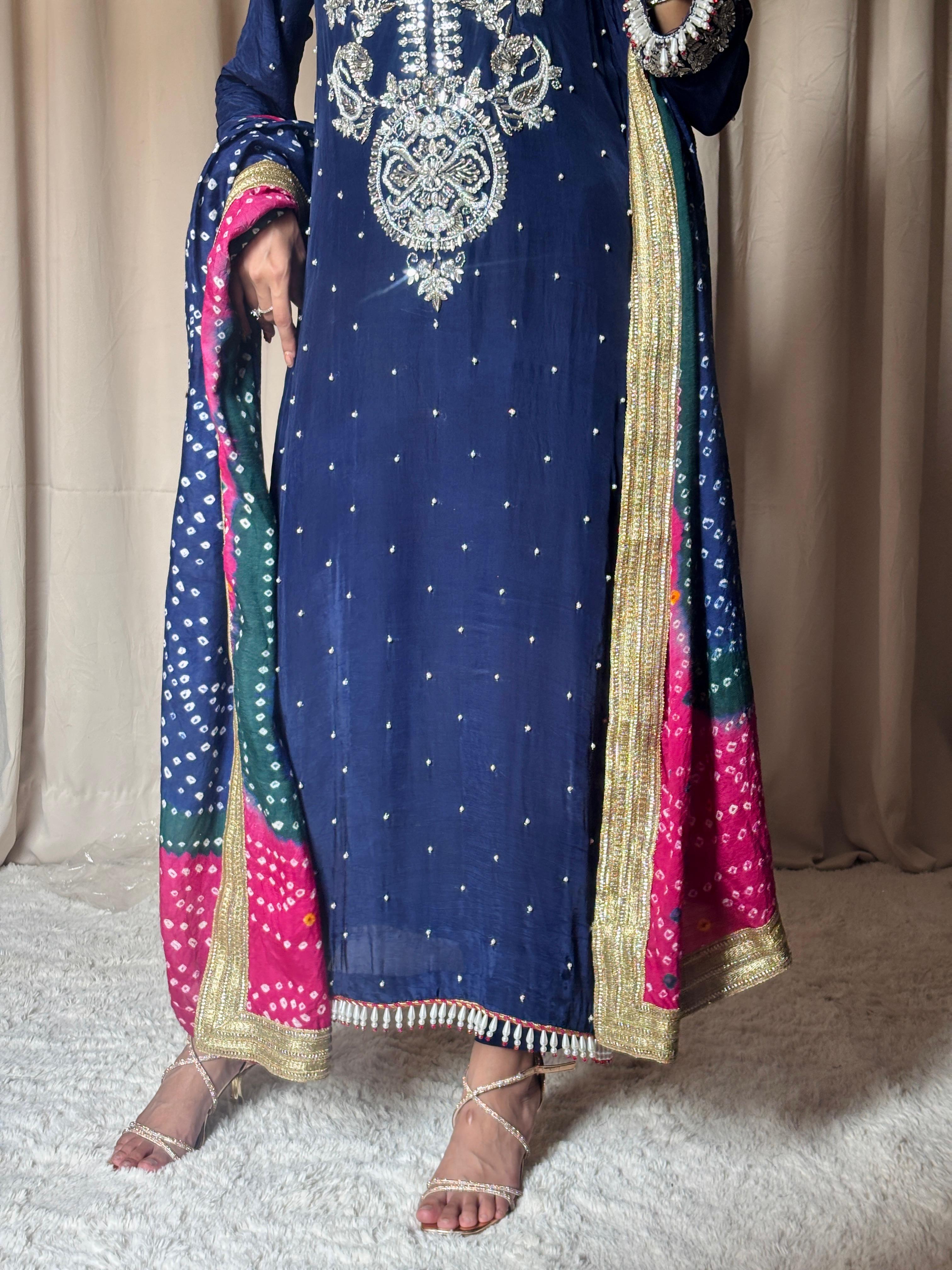 Royal Blue Silk 3-Piece Party Wear with Multi-Color Chunri Dupatta