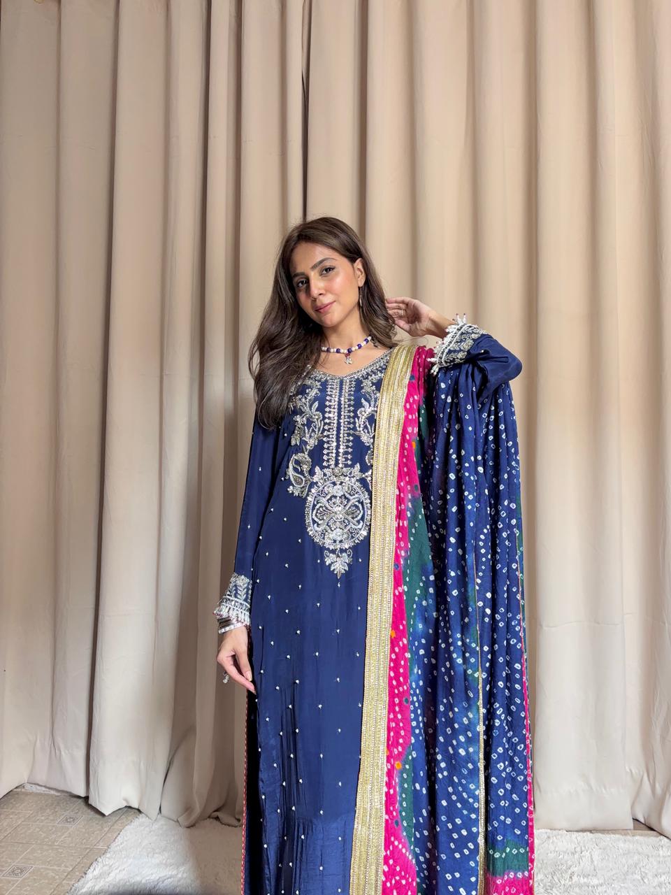 Royal Blue Silk 3-Piece Party Wear with Multi-Color Chunri Dupatta