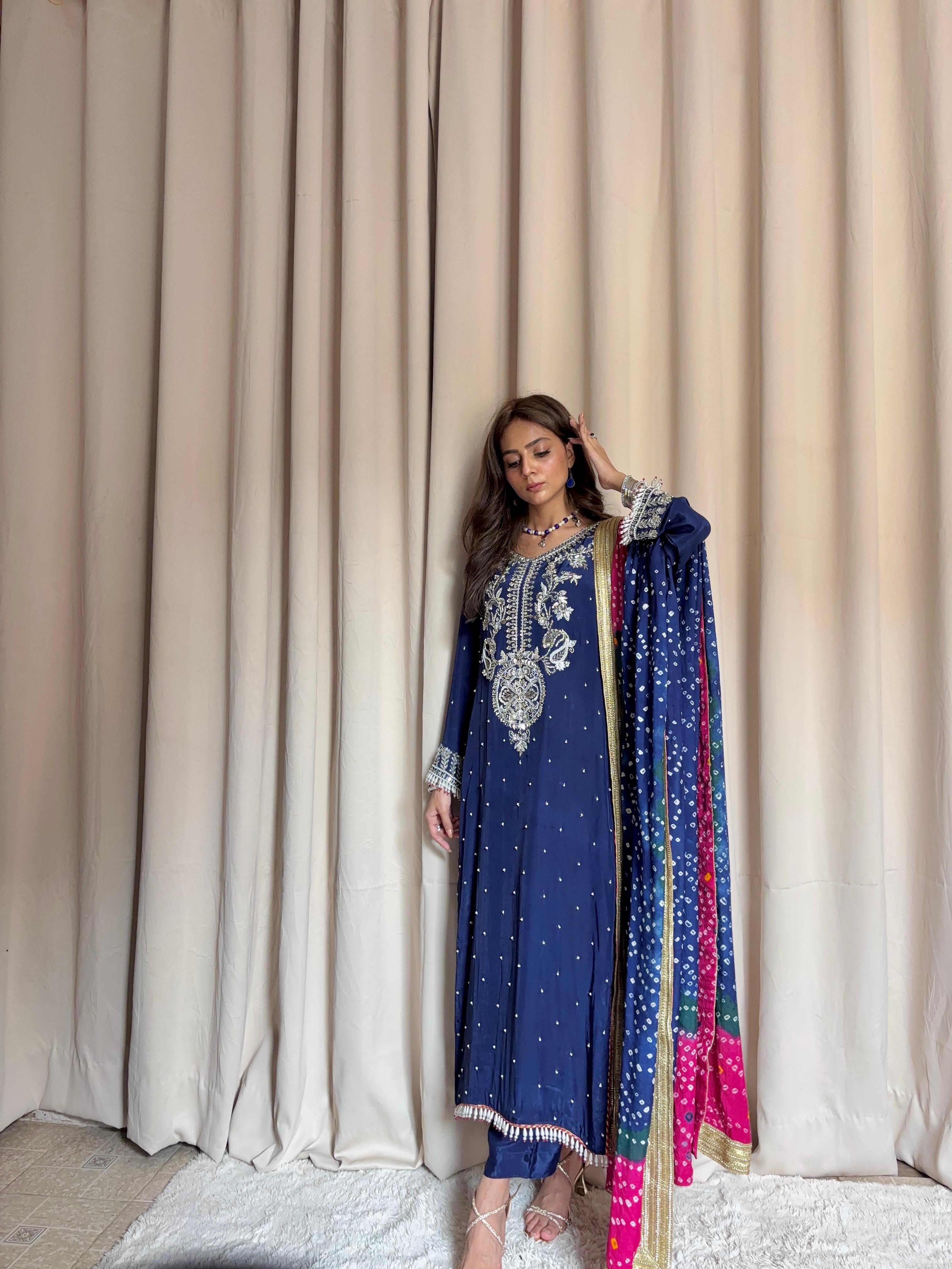 Royal Blue Silk 3-Piece Party Wear with Multi-Color Chunri Dupatta