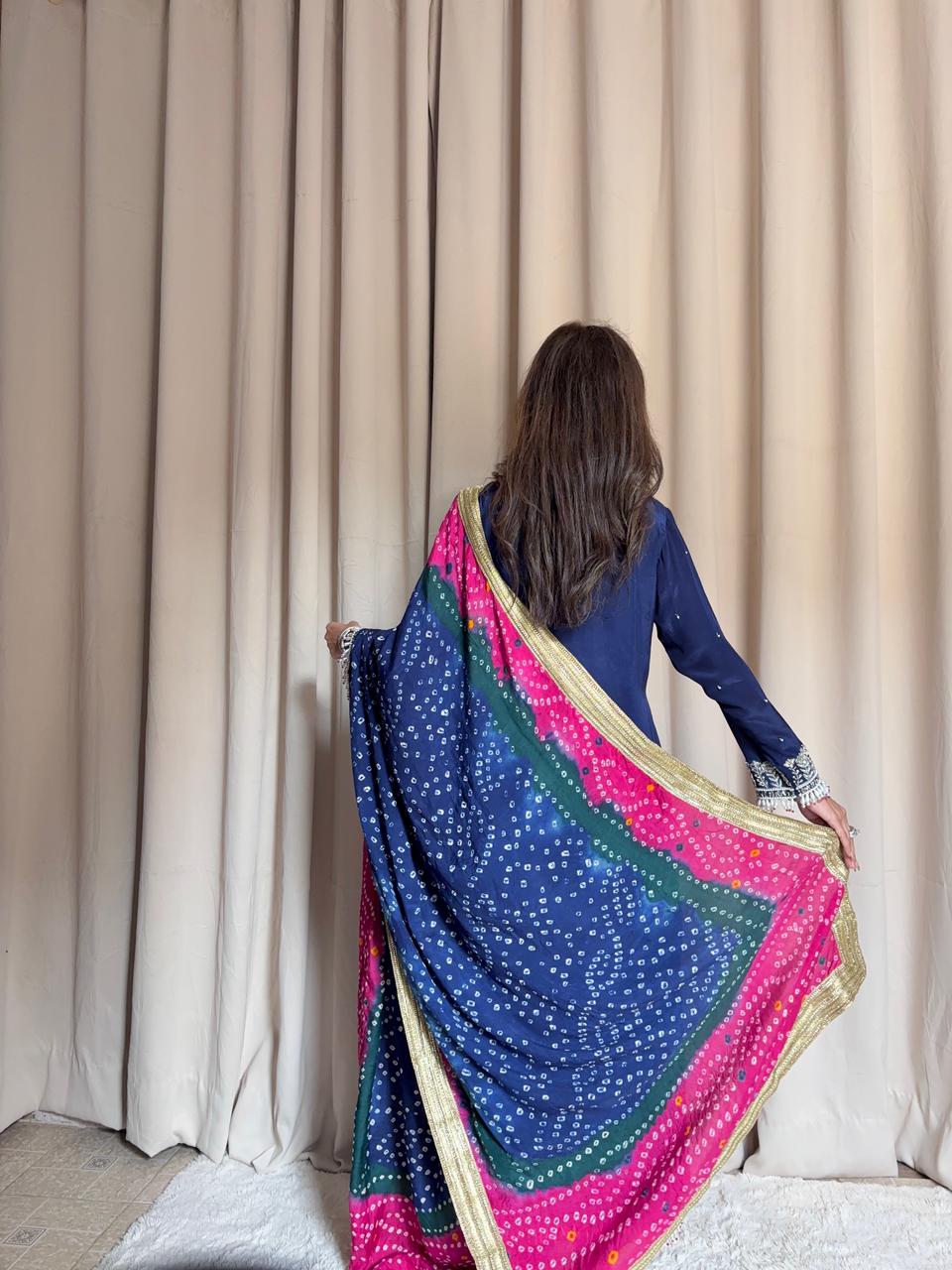 Royal Blue Silk 3-Piece Party Wear with Multi-Color Chunri Dupatta