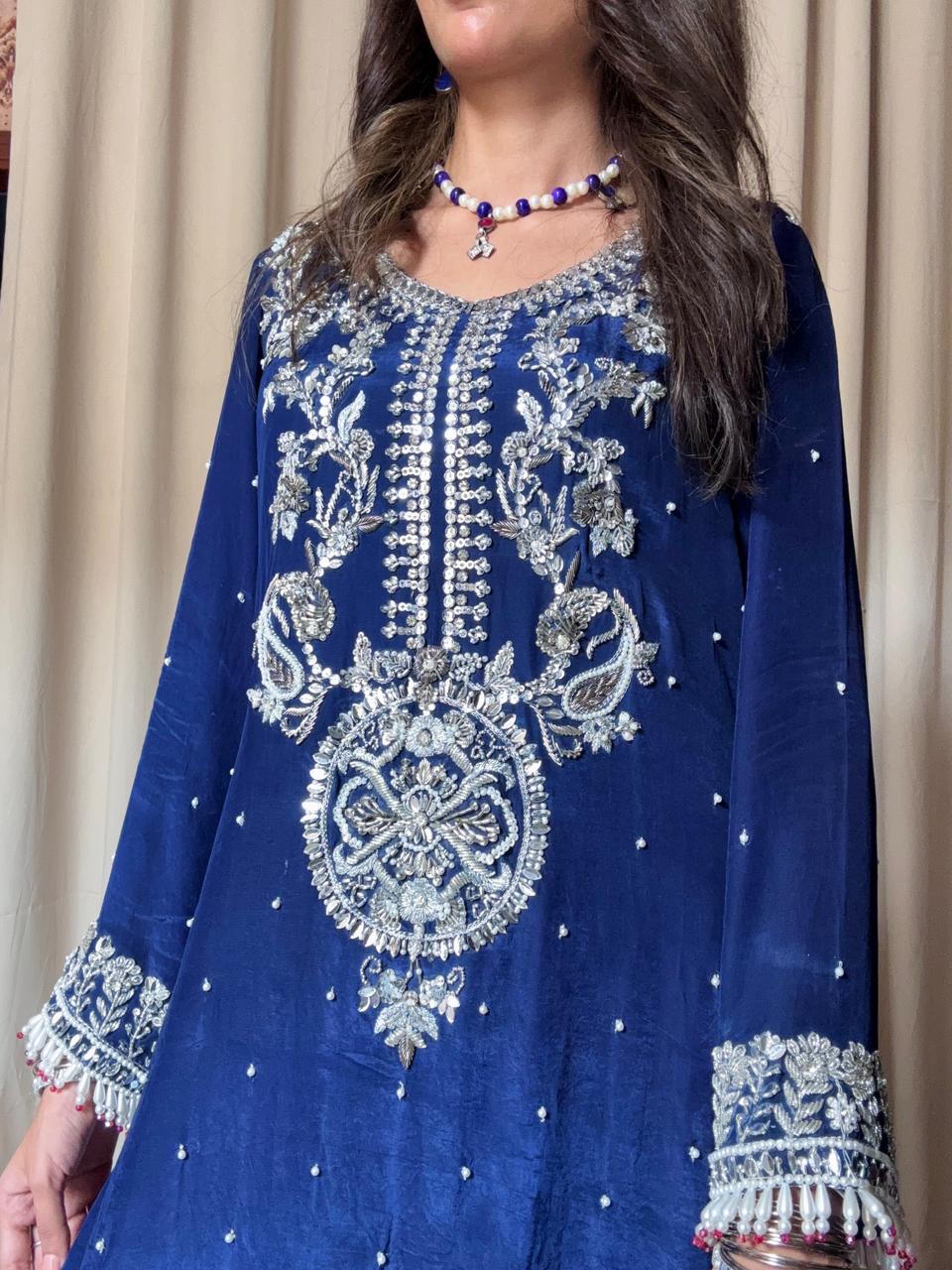 Royal Blue Silk 3-Piece Party Wear with Multi-Color Chunri Dupatta