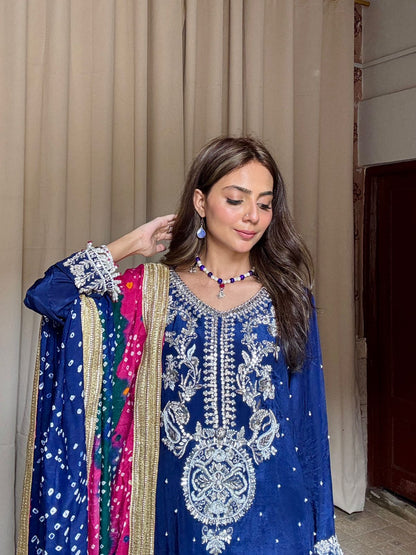 Royal Blue Silk 3-Piece Party Wear with Multi-Color Chunri Dupatta