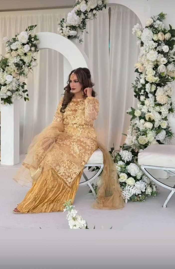 Golden biege net material qameez