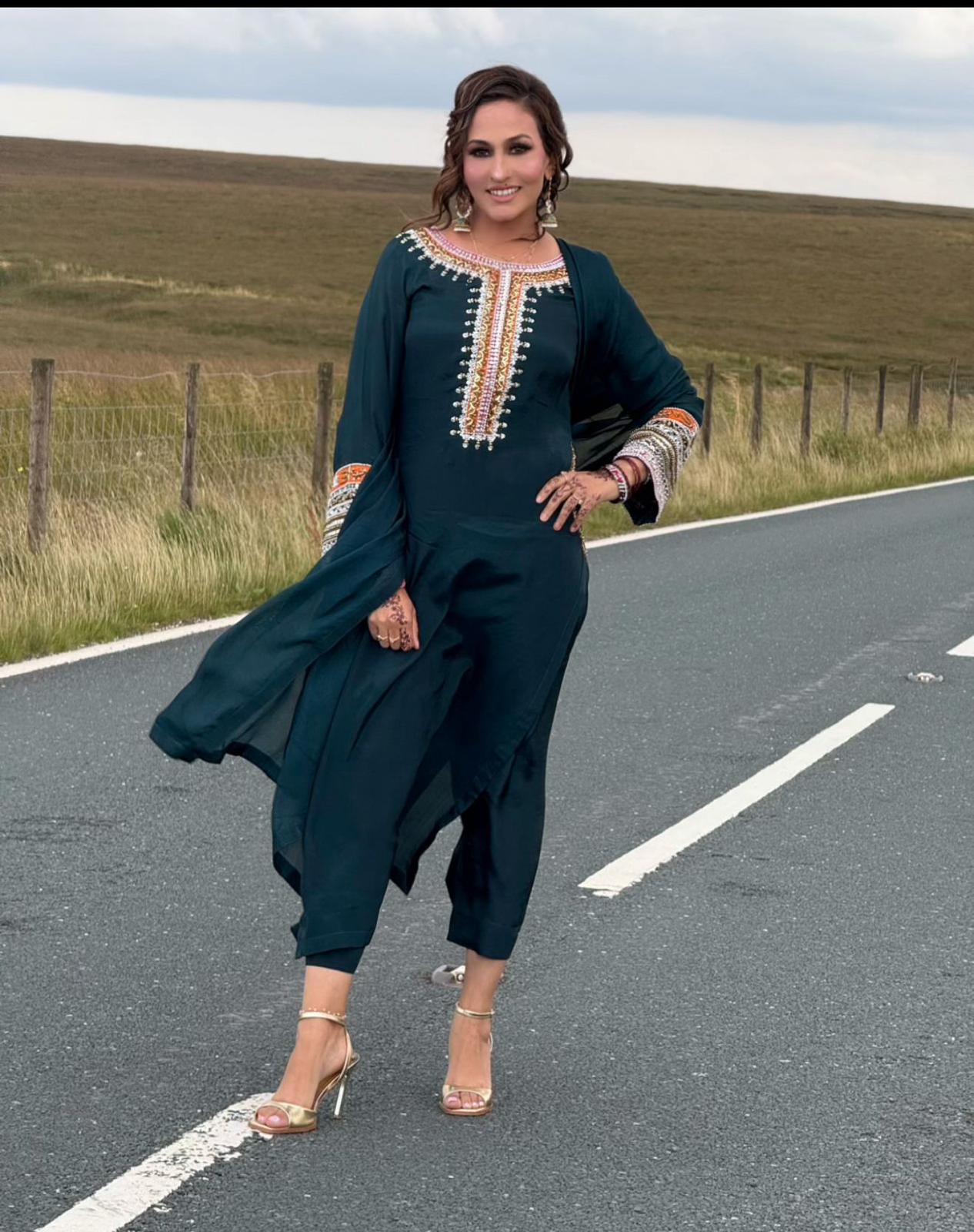 Teal Green Embroidered Silk Outfit with Dupatta
