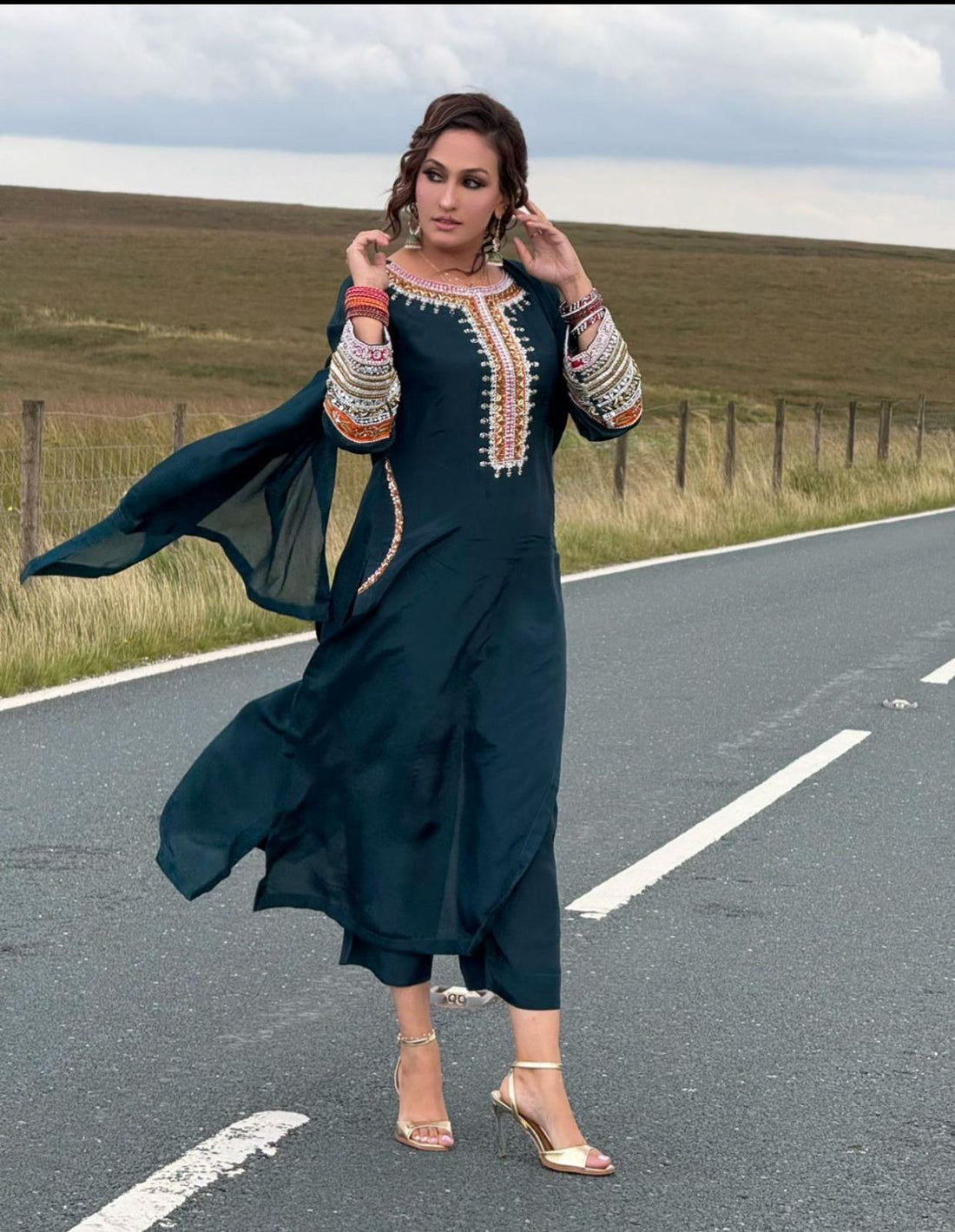 Teal Green Embroidered Silk Outfit with Dupatta