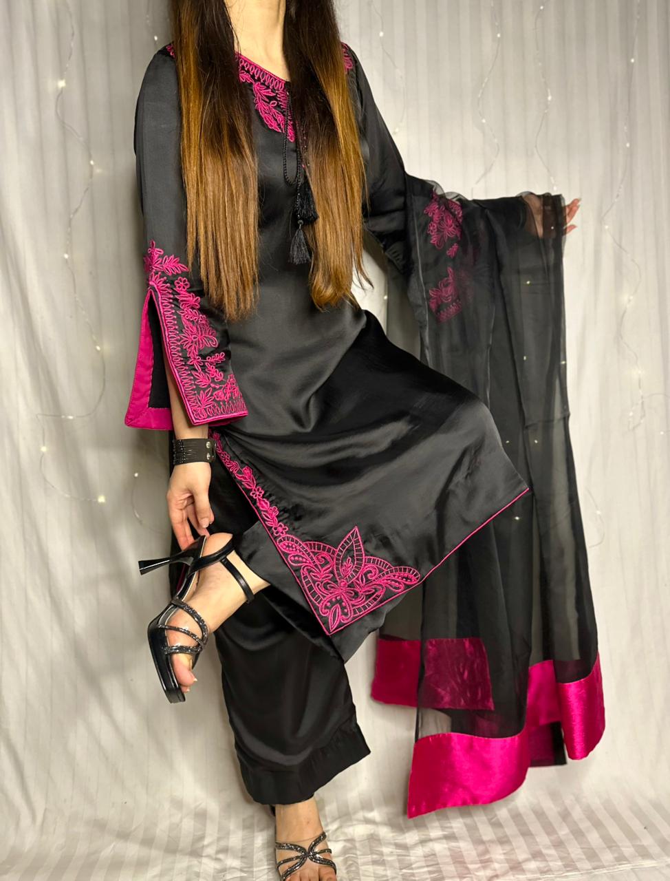 Elegant Black &amp; Magenta Silk 3-Piece Formal Suit with Machine Embroidery