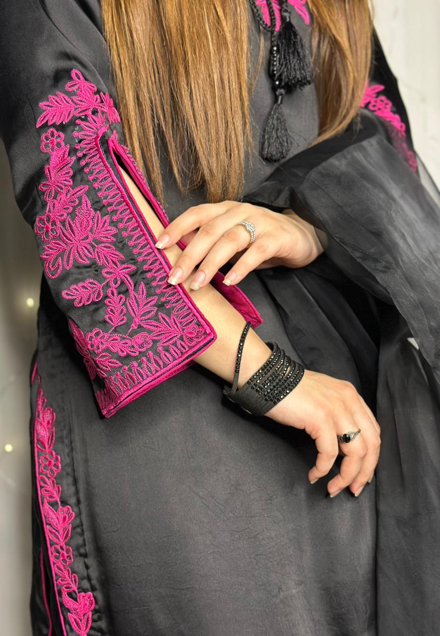 Elegant Black &amp; Magenta Silk 3-Piece Formal Suit with Machine Embroidery