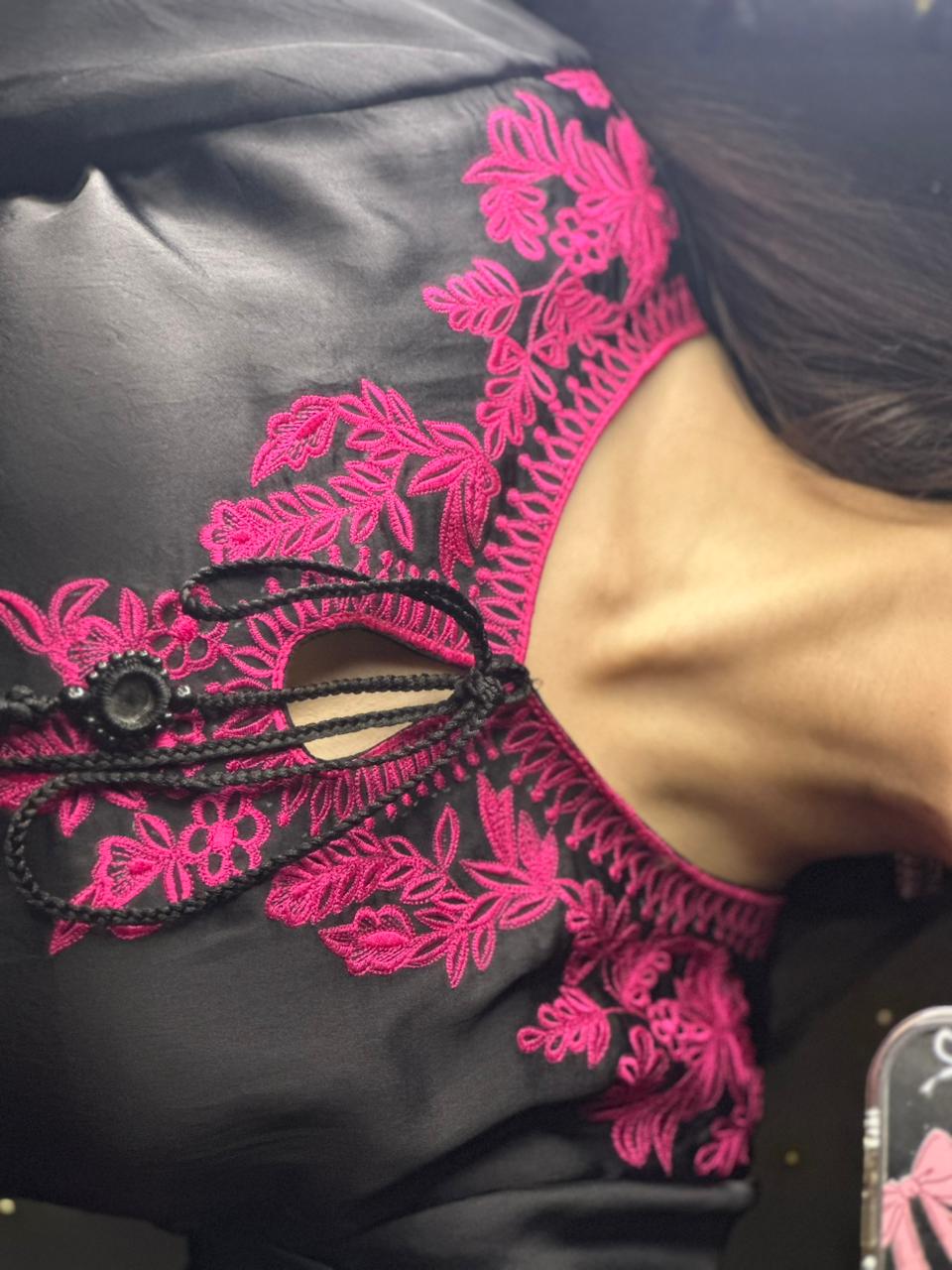 Elegant Black &amp; Magenta Silk 3-Piece Formal Suit with Machine Embroidery