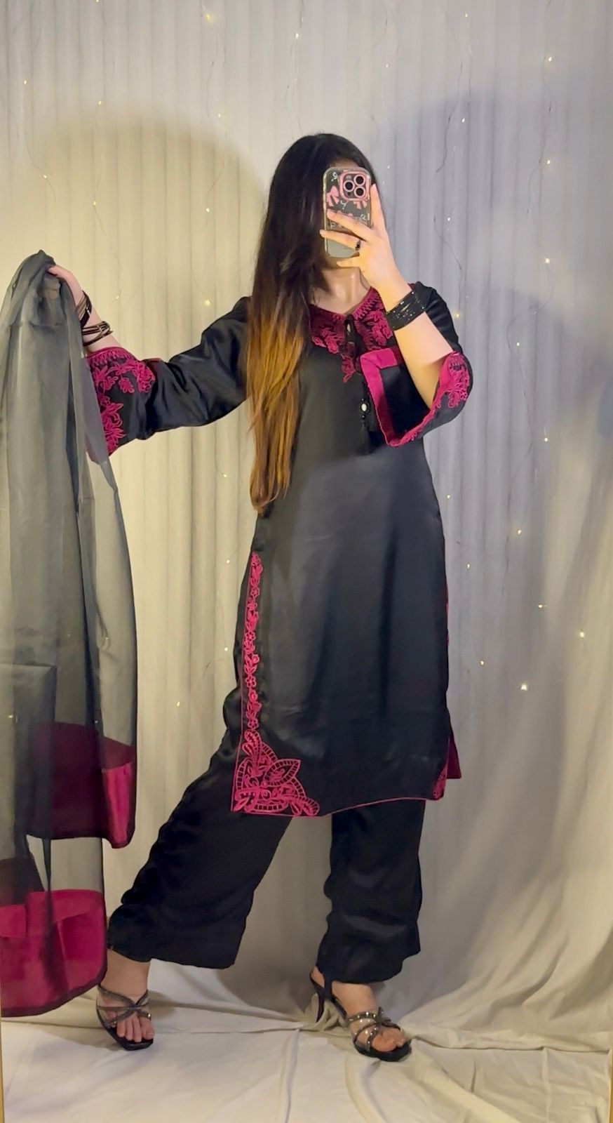 Elegant Black & Magenta Silk 3-Piece Formal Suit with Machine Embroidery
