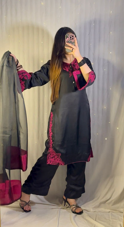 Elegant Black &amp; Magenta Silk 3-Piece Formal Suit with Machine Embroidery
